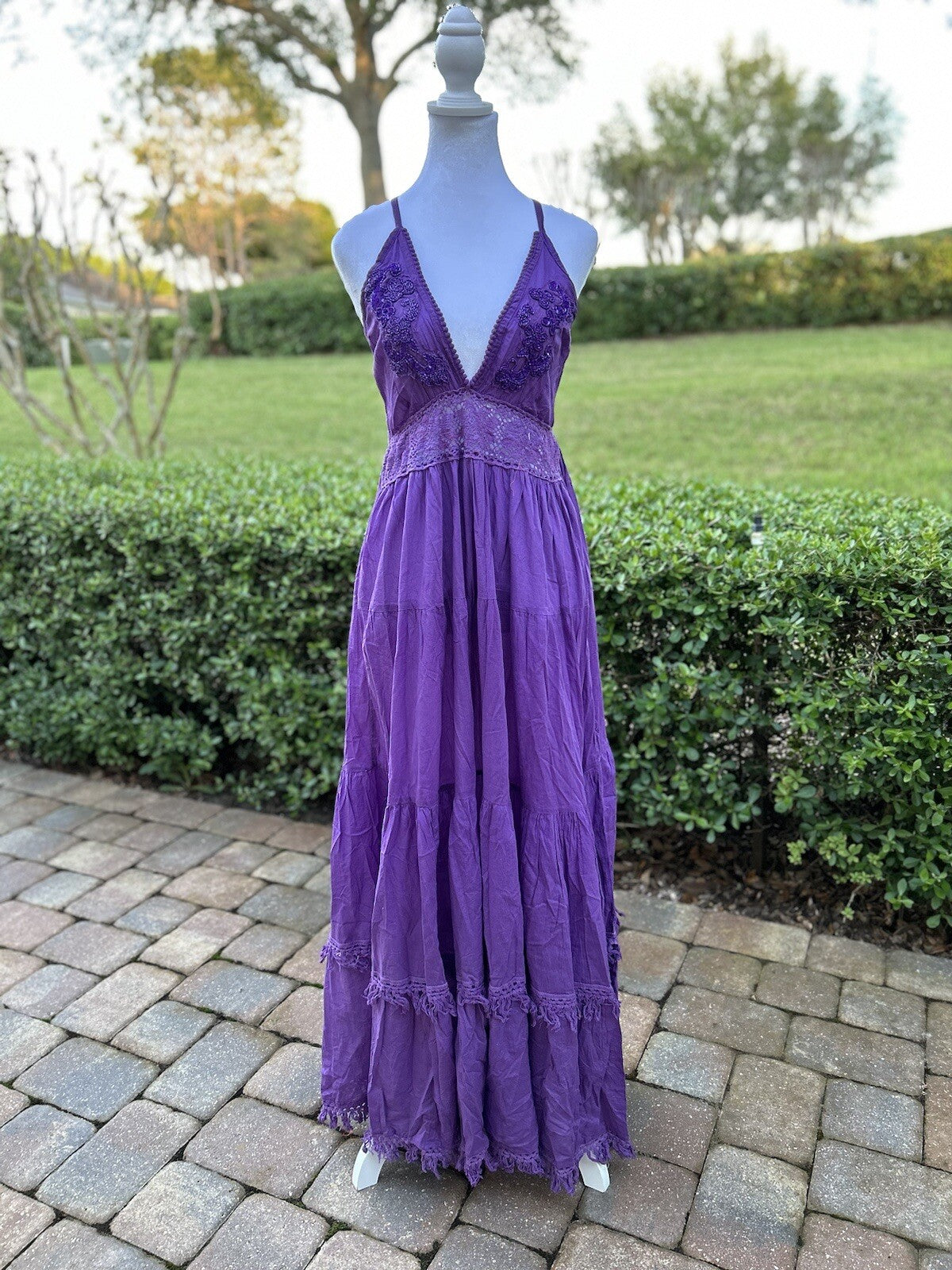 Antica Sartoria Gorgeous Purple Long Backless Lace Long Dress With Beads