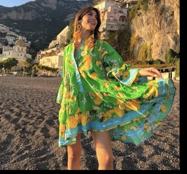 Antica Sartoria 2026 Positano 🍋 Green & Blue 4 Button Flare Dress NWT O/S