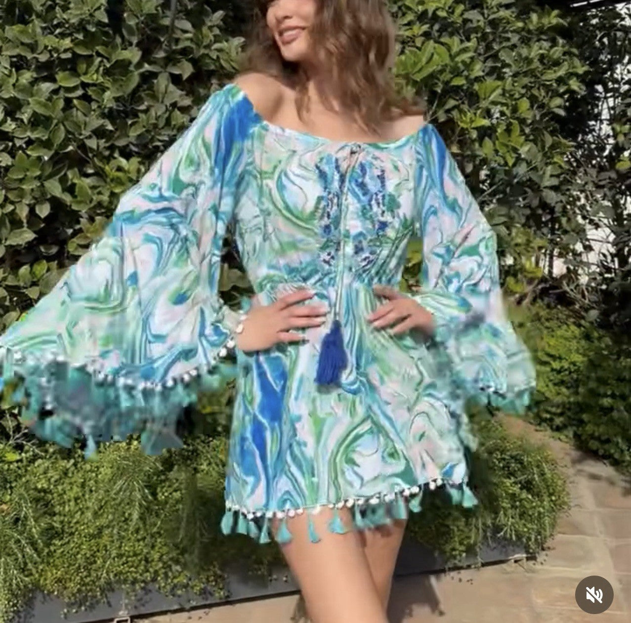 Antica Sartoria 2024 Blue & Green Swirls Beaded Romper One Piece NWT O/S