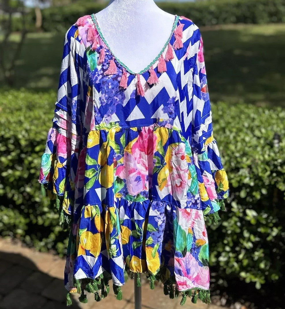 Antica Sartoria Lemon Cobalt Blue White Pink Zigzag Dress NWT LAST ONE