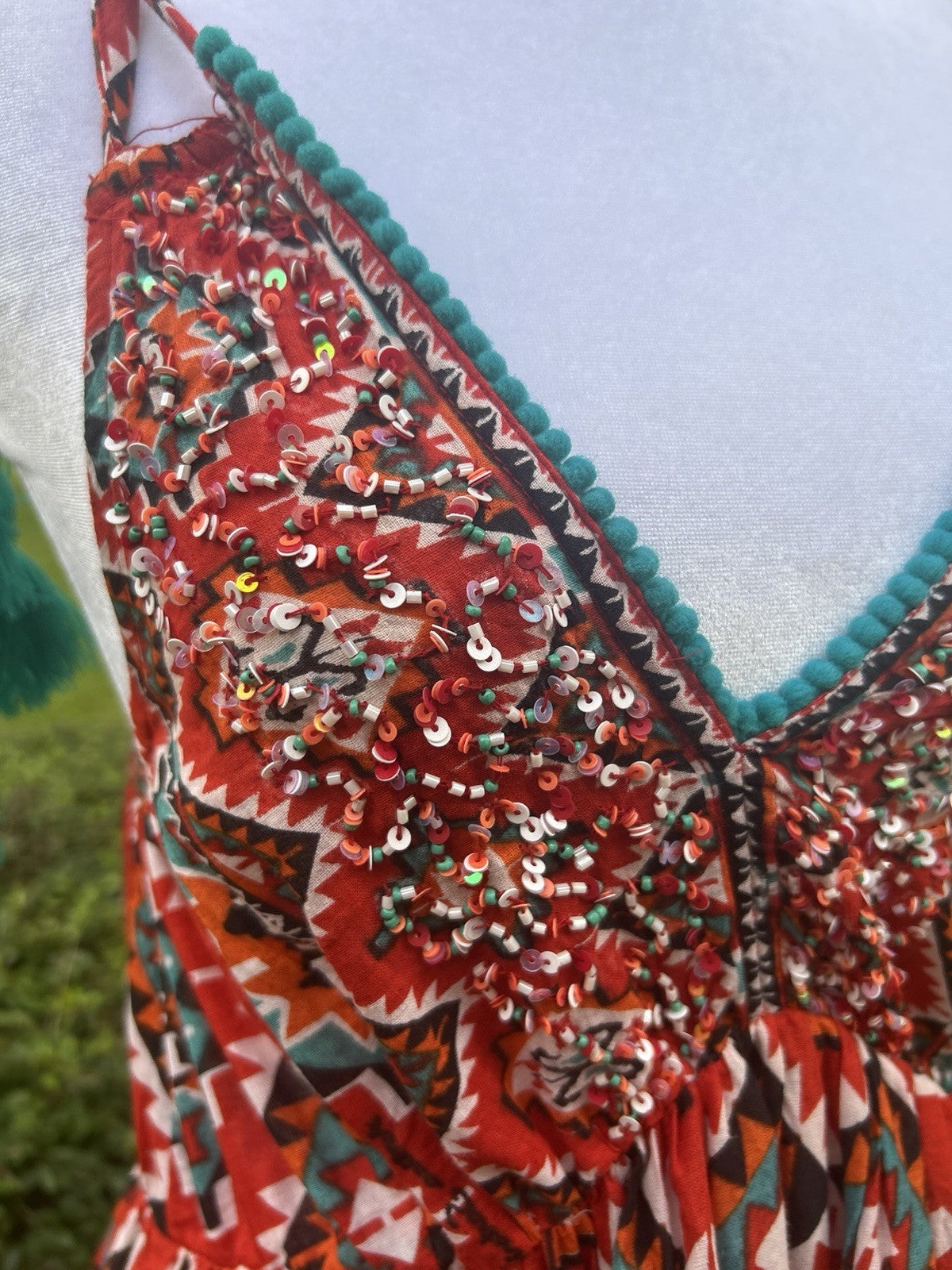 Antica Sartoria Scrappy Red Green V Neck Beaded Dress NWT O/S