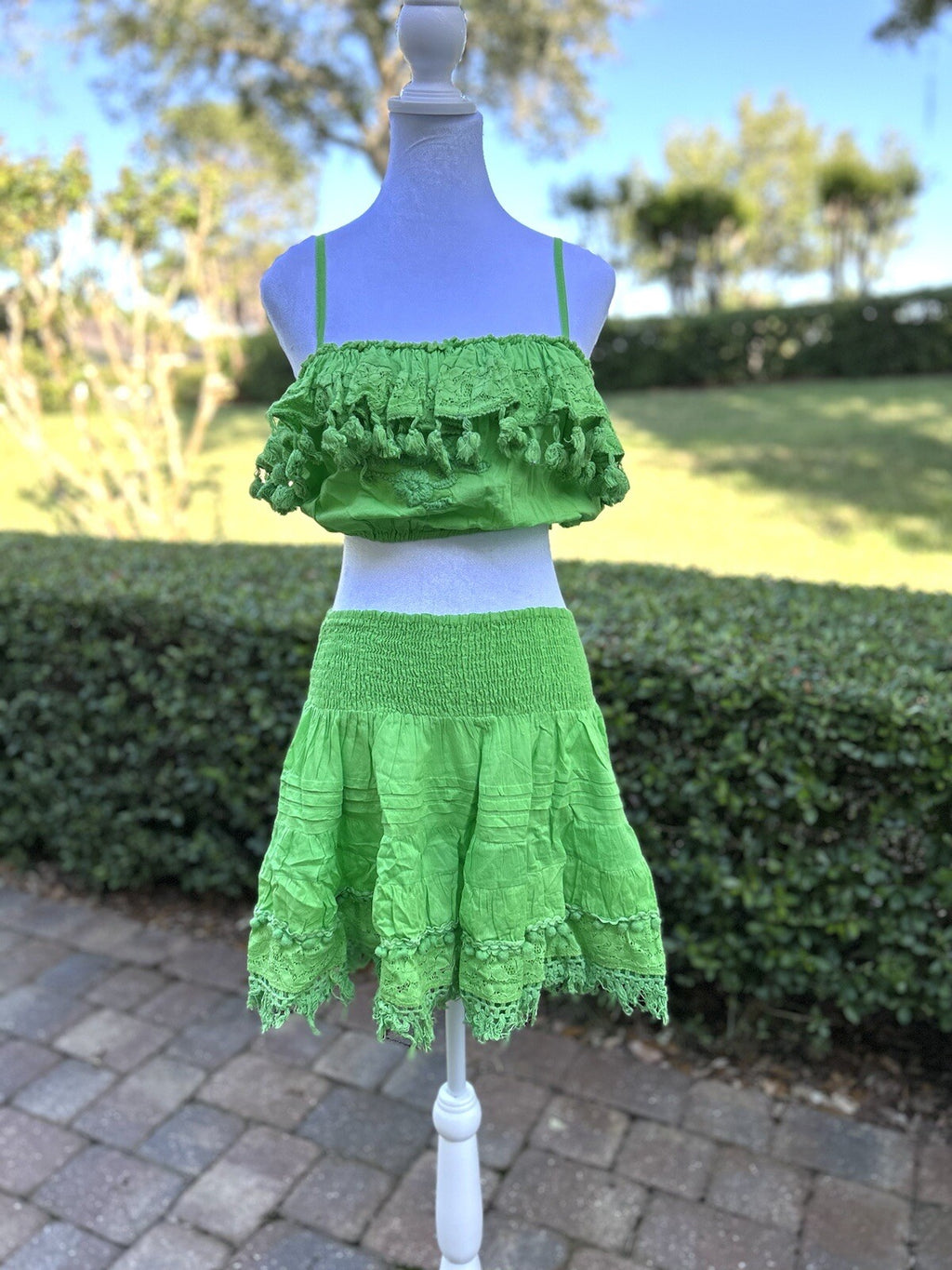Antica Sartoria 2023 Green Skirt With Lace  And Midi Top With Pompom NWT O/S