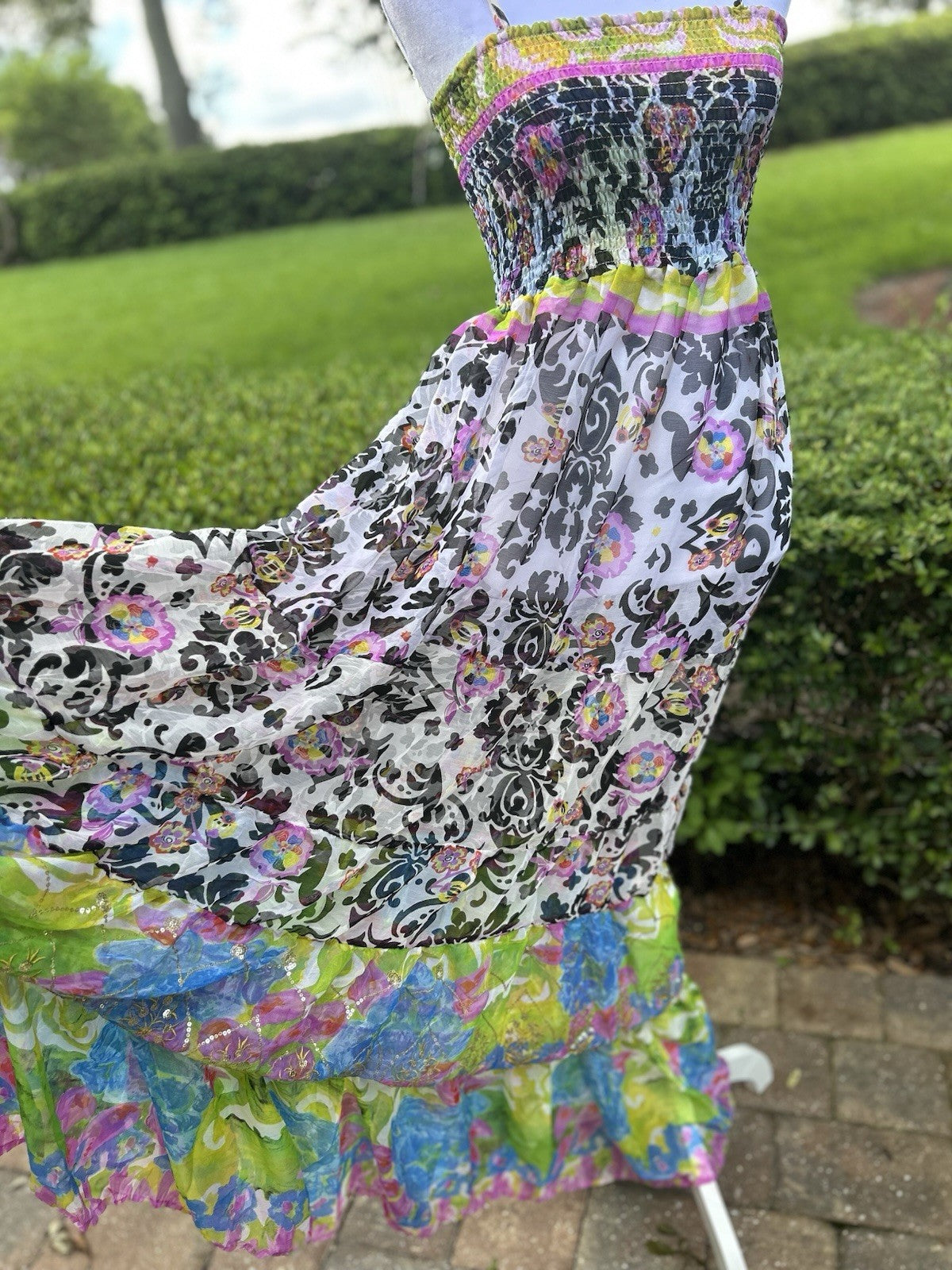 Antica Sartoria Lime & Pink Blue Fun print STRAPPY  Smocked Top Dress NWT O/S