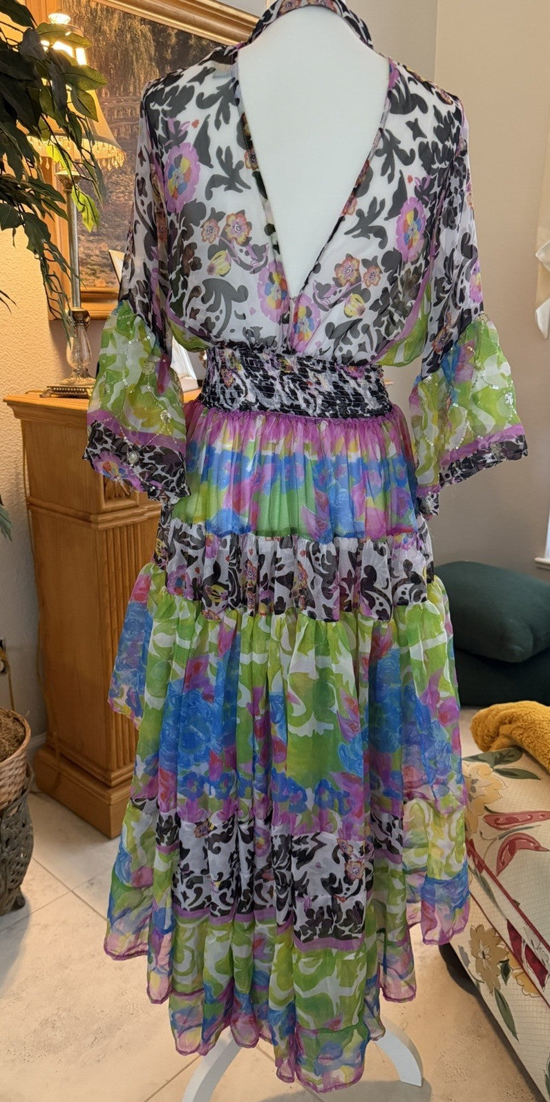 Antica Sartoria Fun Print Green Pink High Low Chiffon Dress O/S