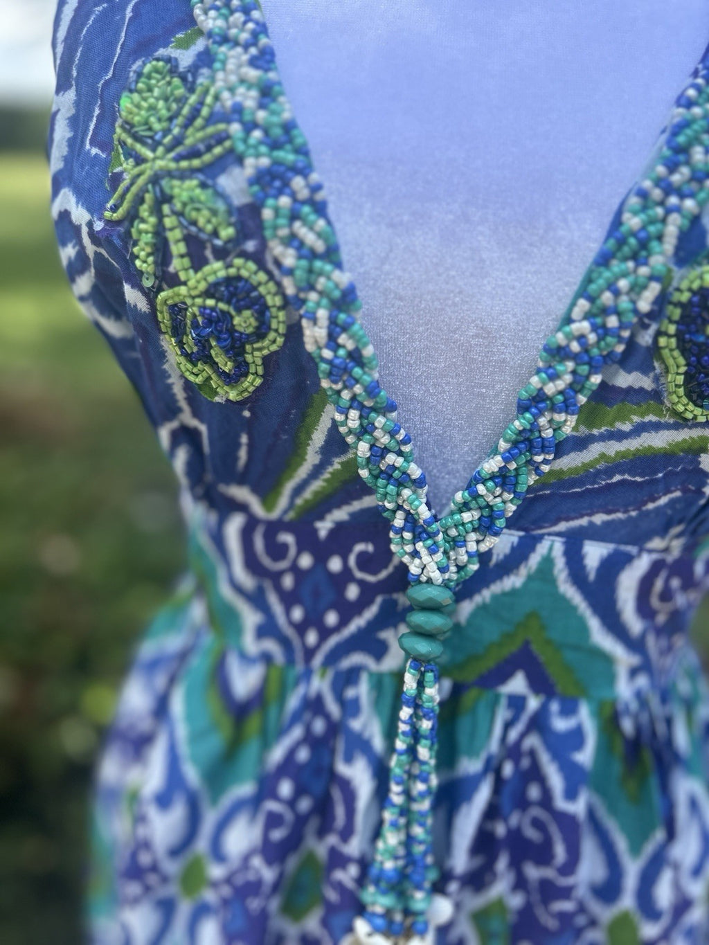 Antica Sartoria 2024 Gorgeous Bead Work Long Blue Green V Neck Halter Dress NWT