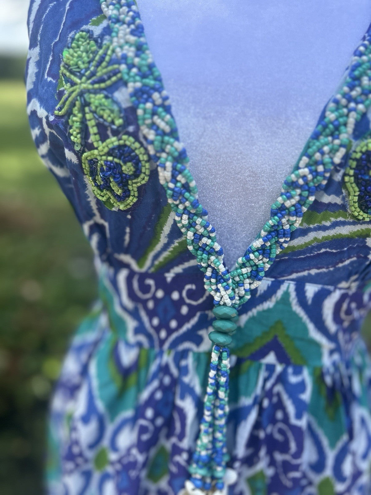 Antica Sartoria 2024 Gorgeous Bead Work Long Blue Green V Neck Halter Dress NWT