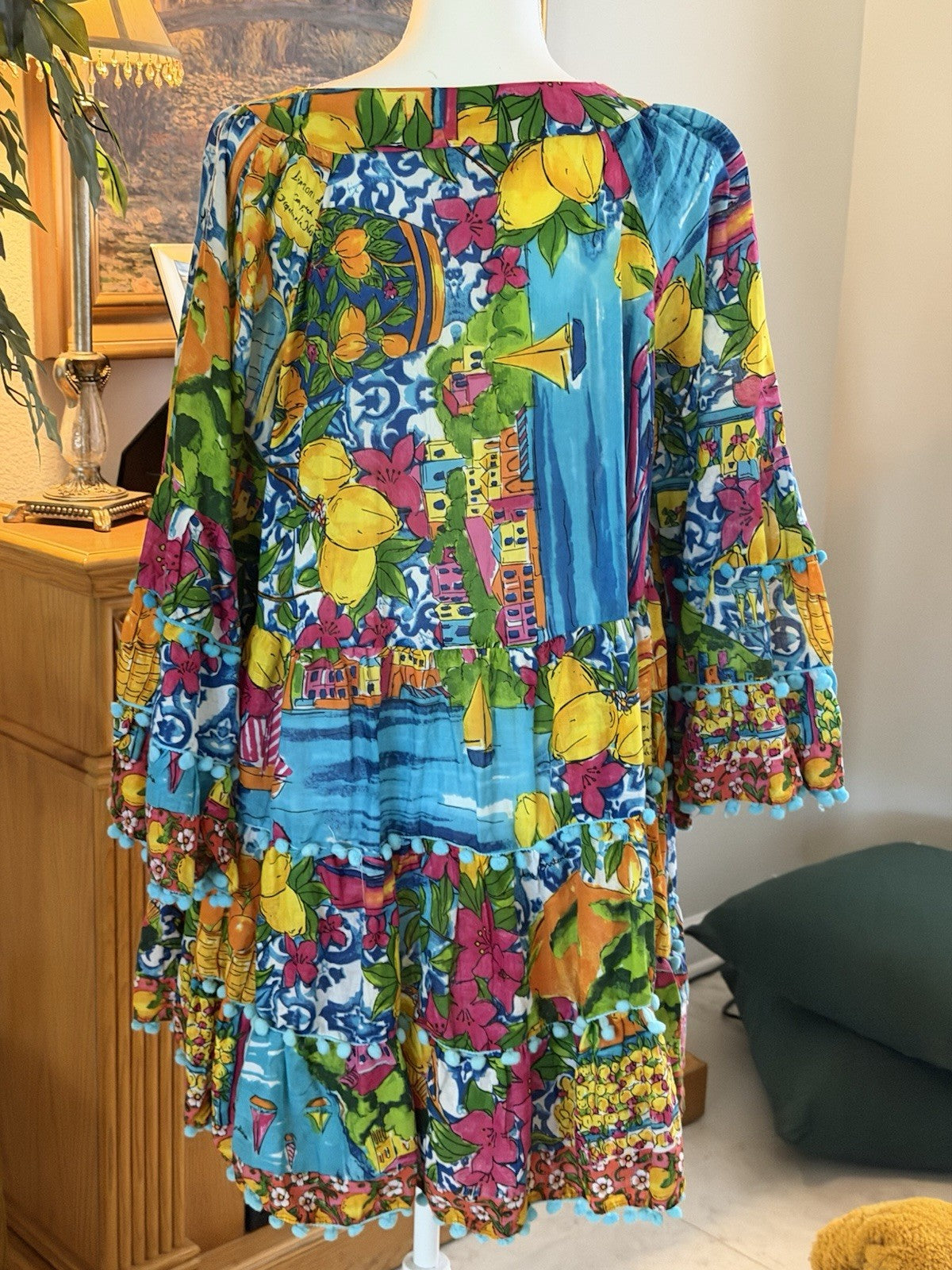 antica sartoria 2024 Capri By The Sea V Neck Pom Pom Dress NWT O/S