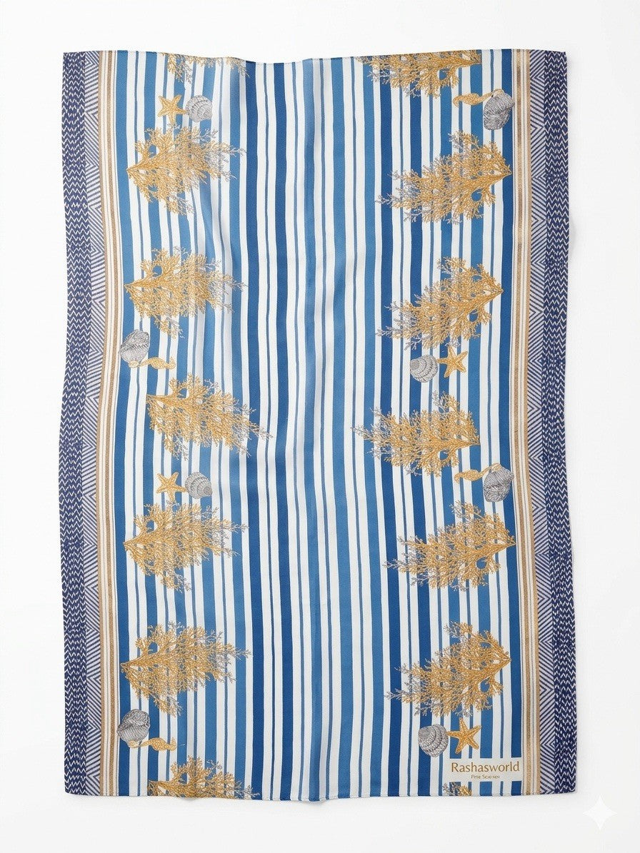 Antica Sartoria Gorgeous Blue White Gold Stipe  40x70 Cotton Scarf NWT