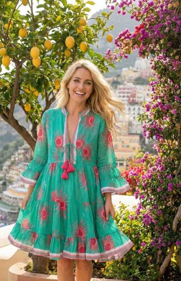 Antica Sartoria 2026 Aqua Sunburst Tie Front Dress Nwt O/S
