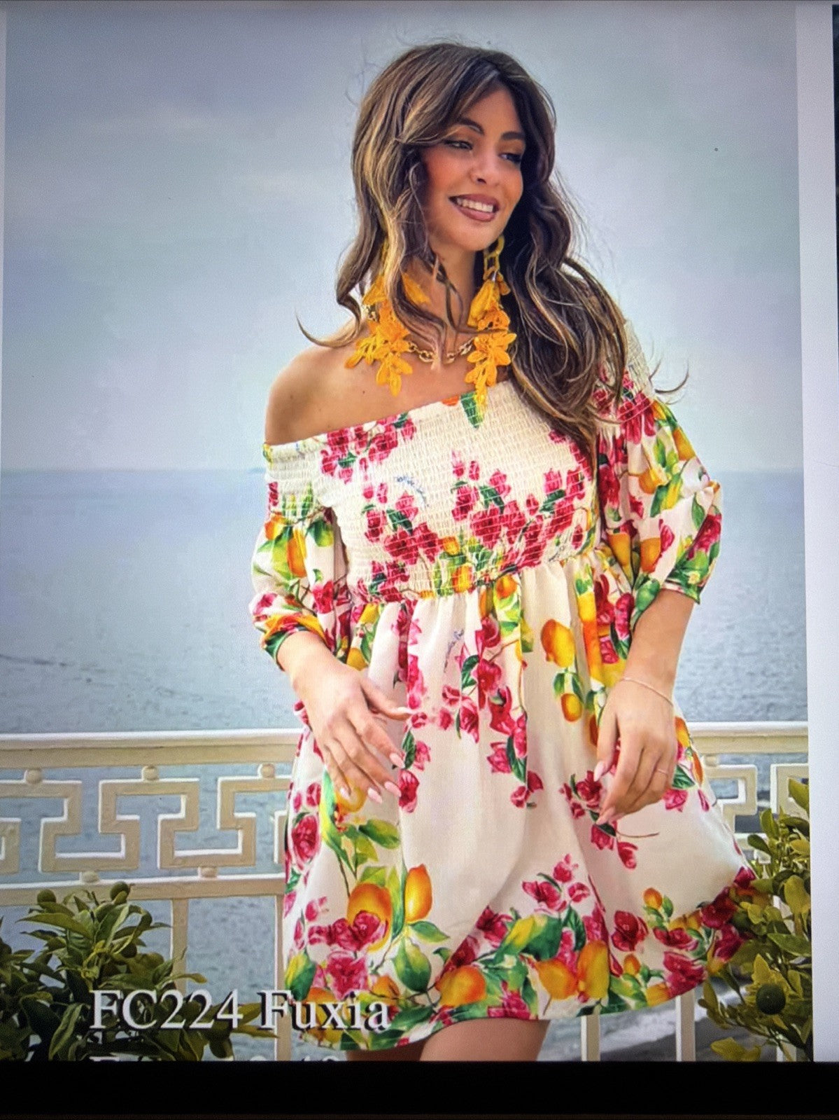 Antica Sartoria 2026 Pink Flowers & Lemons Smocked Top Off Shoulder Dress NWT