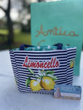 Antica Sartoria 2025 Lemon Navy White Striped Tote Zipper Bag NWT