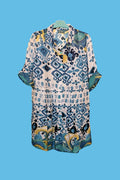 ANTICA SARTORIA 2024 MEDIUM BLUE AQUA YELLOW BUTTON DOWN DRESS NWT