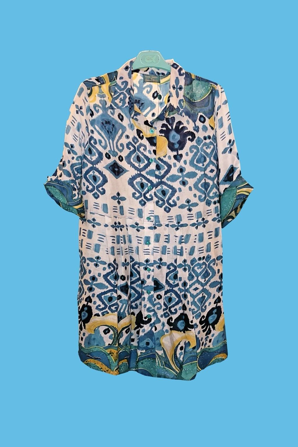 ANTICA SARTORIA 2024 MEDIUM BLUE AQUA YELLOW BUTTON DOWN DRESS NWT