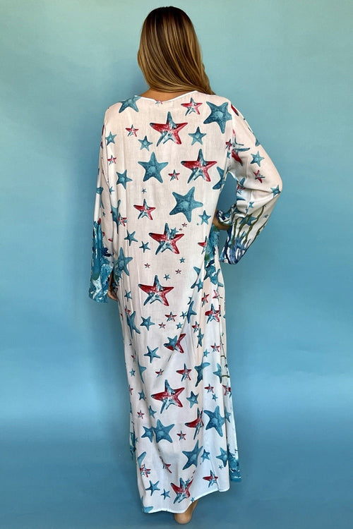 ANTICA SARTORIA 2024 BLUE WHITE STARFISH & CORAL DRESS/KAFTAN L/XL NWT LAST ONE