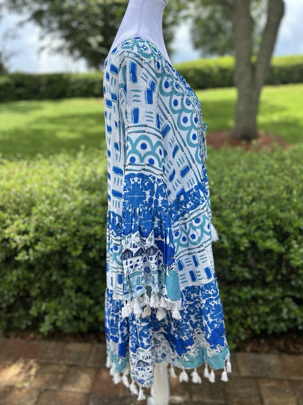 ANTICA SARTORIA 2024 BLUE & WHITE TRULLI HOUSES SHORT DRESS NWT O/S