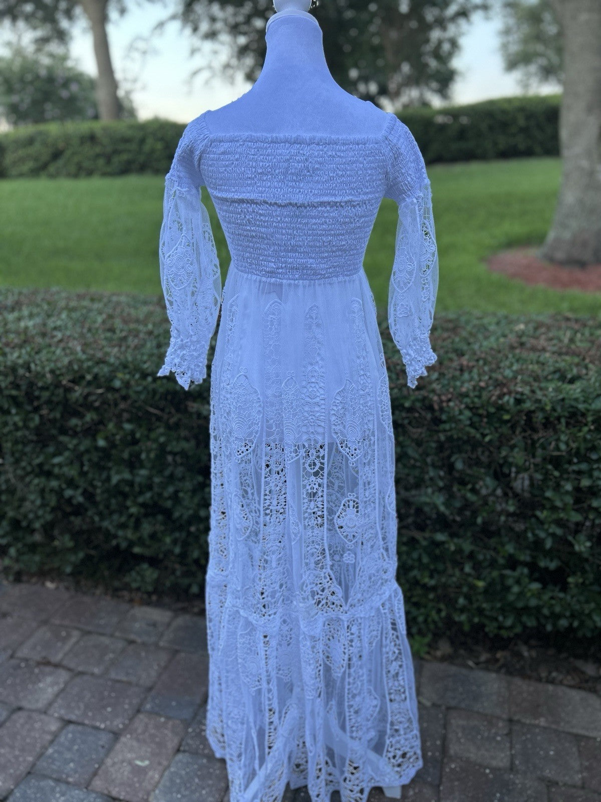 Antica Sartoria White Off Shoulder Long Lace Buttons Dress With Under Skirt