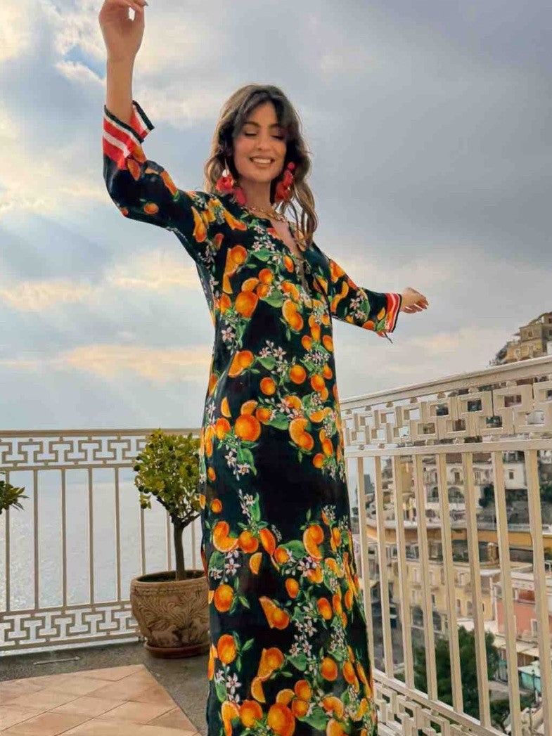Antica Sartoria 2026 Black 🍊 Orange  Flower Kaftan Dress S/M NWT