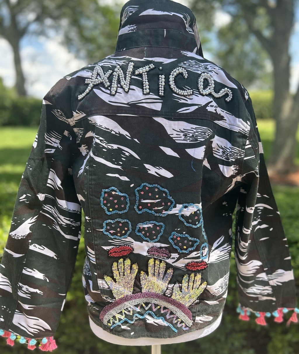 Antica Sartoria Black & White Denim Jacket Embroidery NWT XL