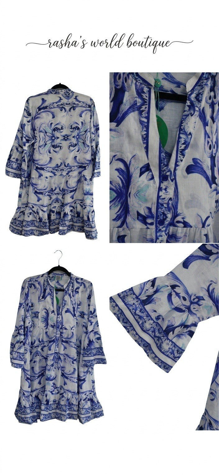 Antica Sartoria 2026 Light Blue & White Tulip Print Dress S/M NWT