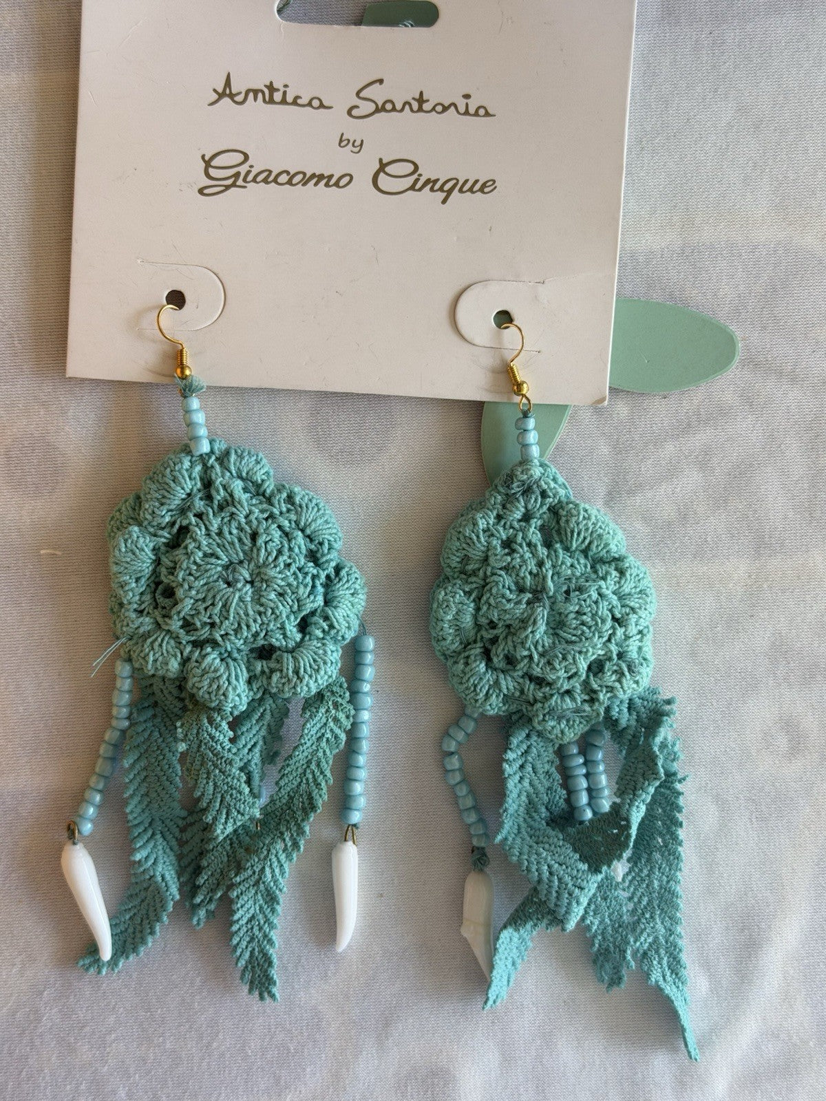 Antica Sartoria Aqua crocheted flower with bead strands Pendant NWT