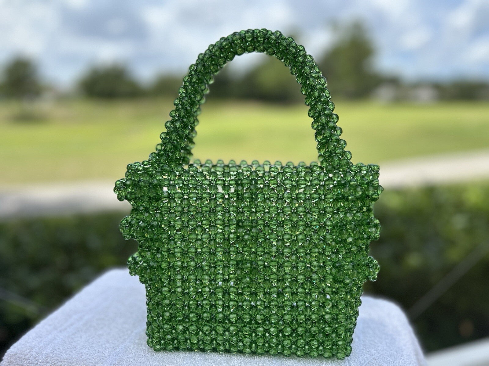 Green Crystal Flower Beads Gorgeous Bag Hand Made NEW
