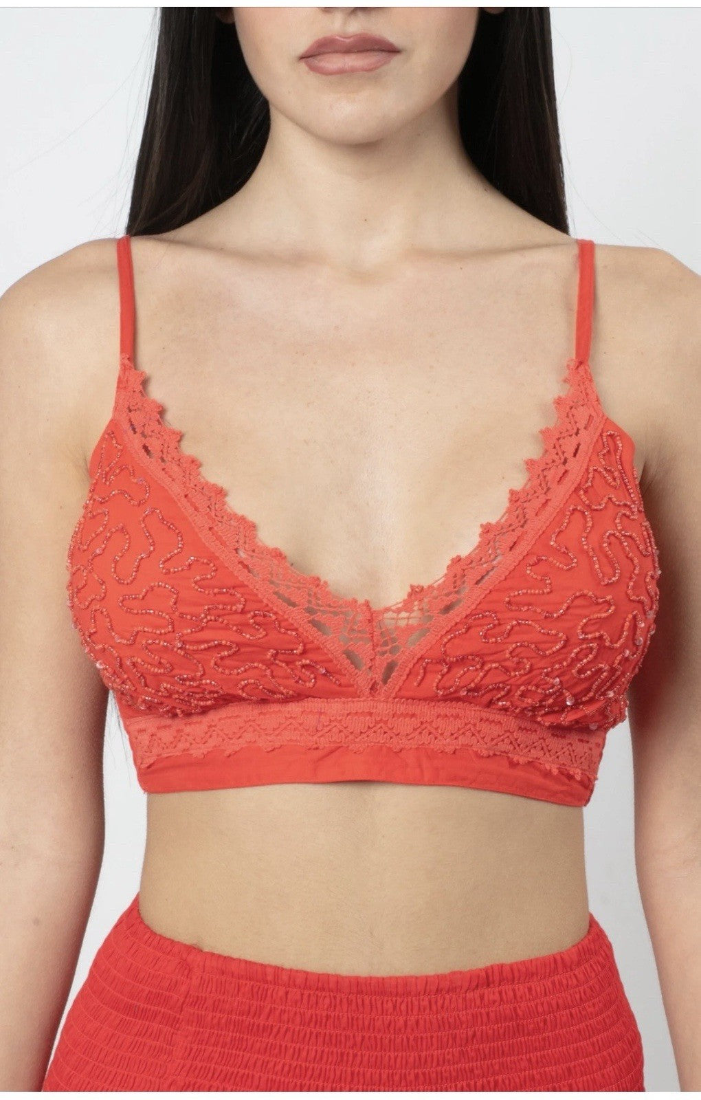 Antica Sartoria Beaded Smocked Back Bra-Lette Size 32-36D Nwt Hot Red