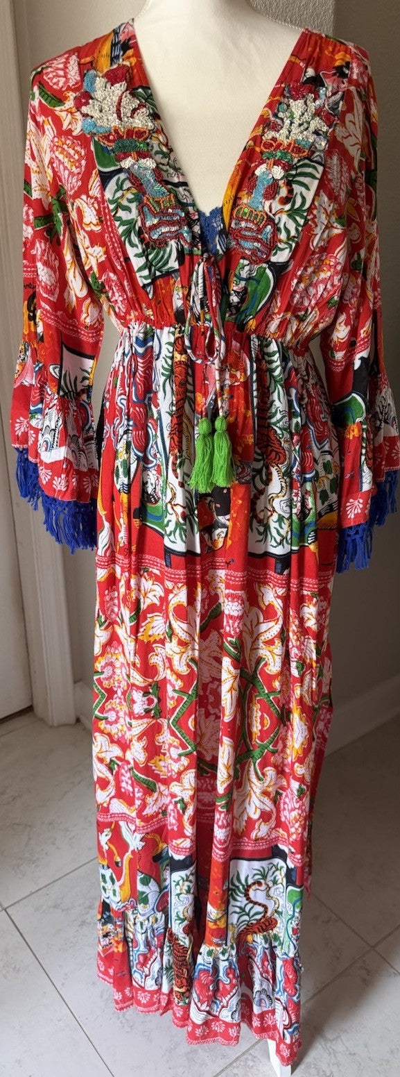 Antica Sartoria Red Asian Print Gorgeous Beaded Dress Nwt O/S