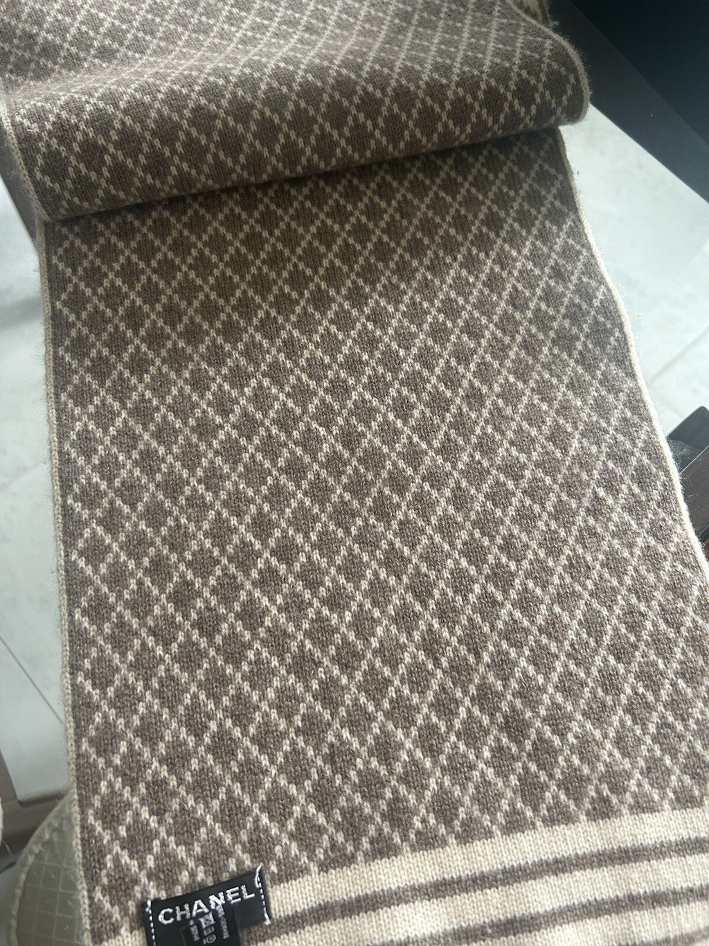 CHANEL Milk tea Beige CC Logo Cashmere Scarf Wrap Stole