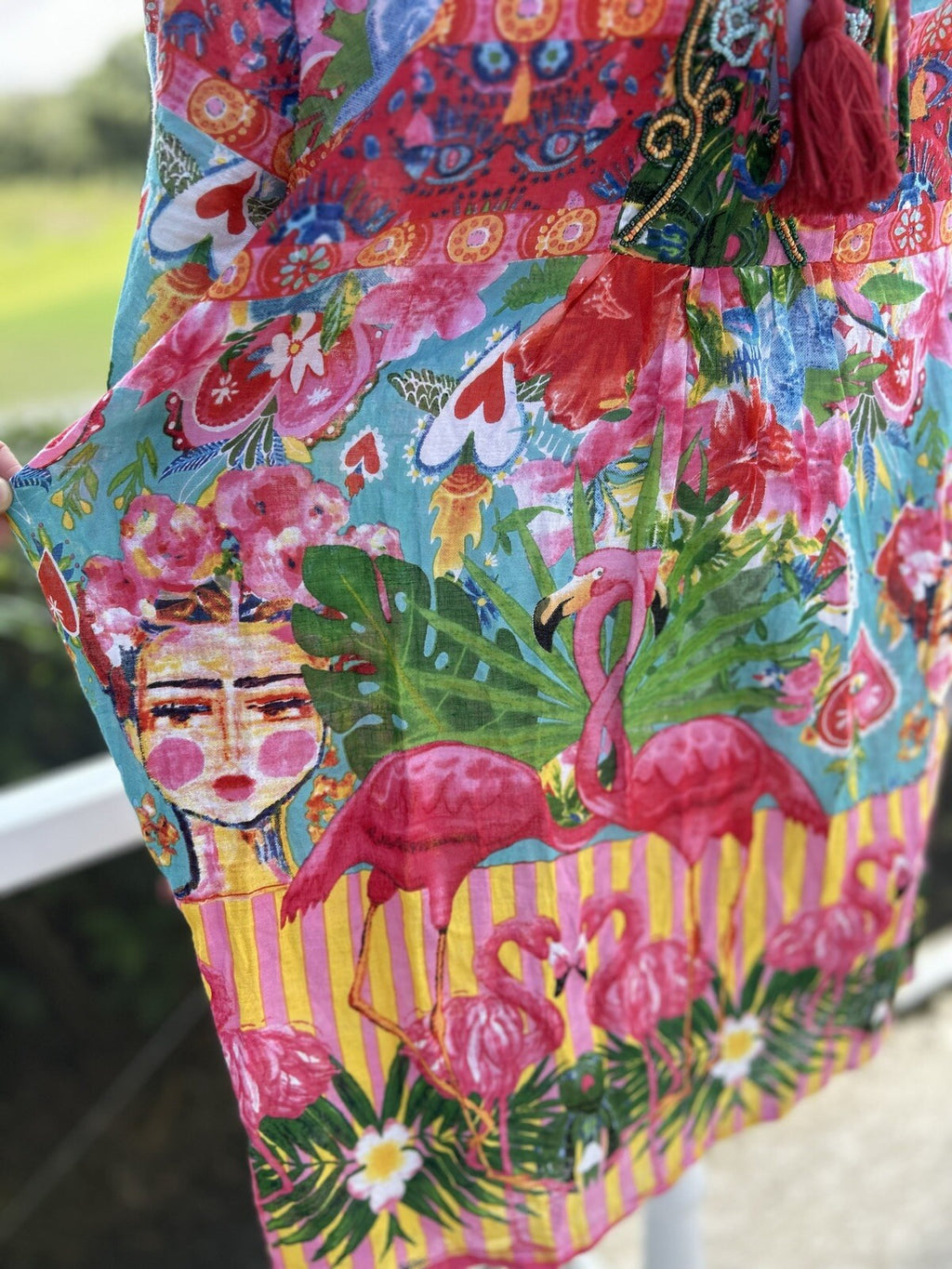 ANTICA SARTORIA FLAMINGO HEART COVER-UP DRESS TOP SEQUIN 🦩💛🩷💚🦩