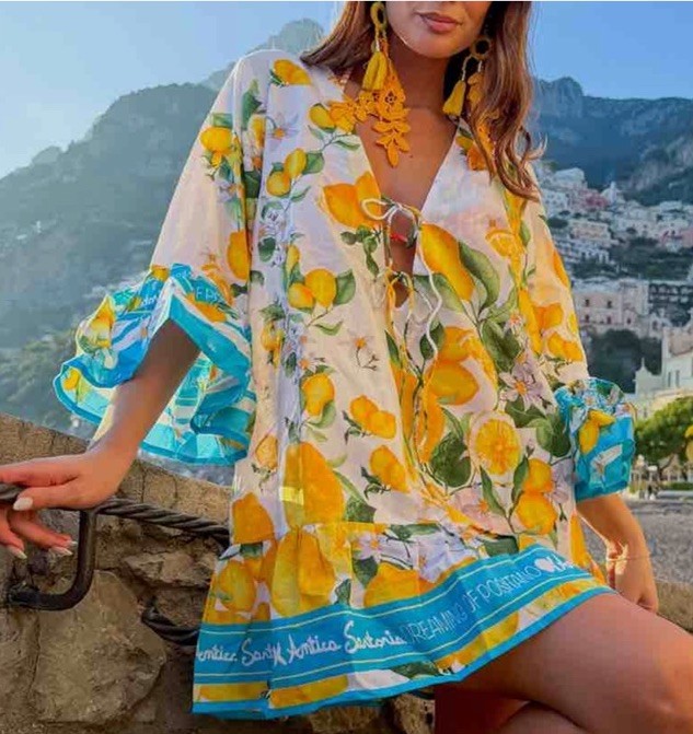 Antica Sartoria 2026 Aqua & White Lemon Positano 🍋 Tie Front Dress NWT O/S