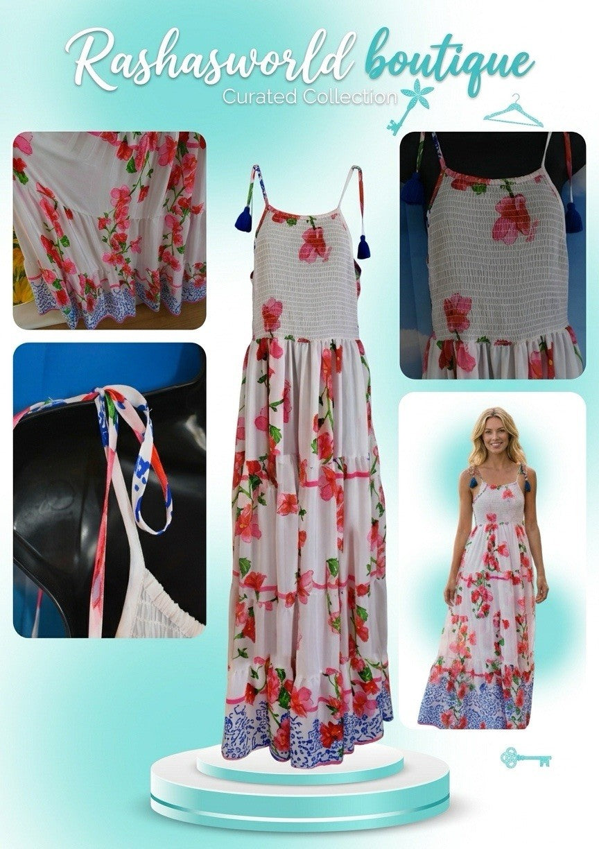 ANTICA SARTORIA 2026 WHITE WITH PINK FLOWER SMOCKED TOP LONG DRESS Nwt O/S