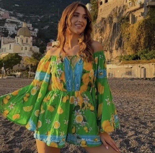 Antica Sartoria 2026 Green And White Lemon 🍋 Off Shoulder Romper Nwt O/S