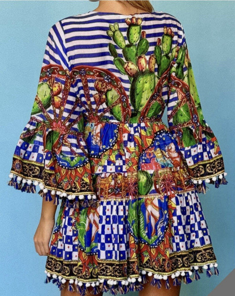 ANTICA SARTORIA BLUE & WHITE FUN ITALIAN PRINT TIE FRONT DRESS NWT OS