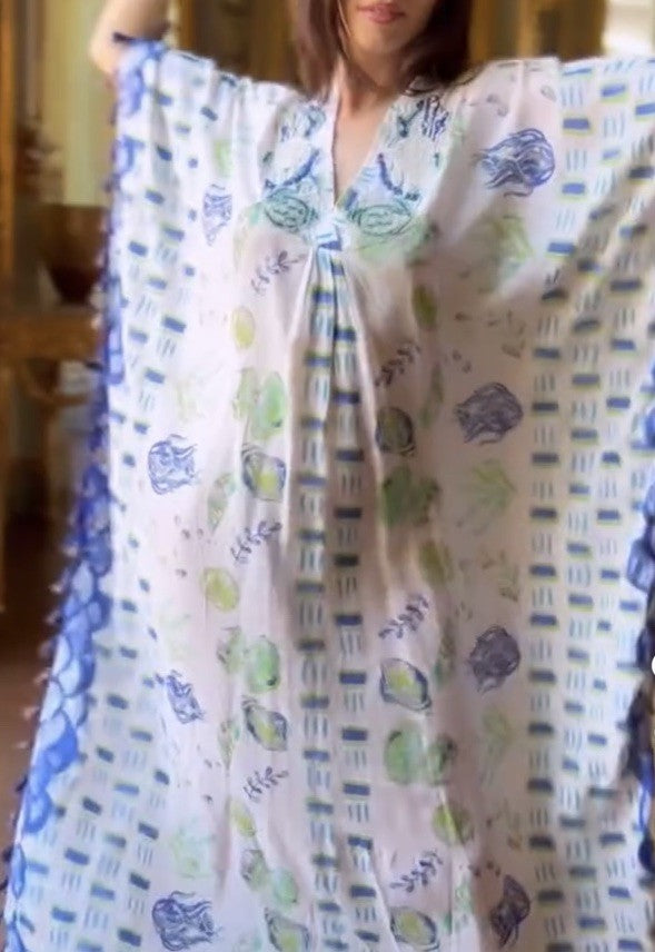 ANTICA SARTORIA 2024 BLUE GREEN & WHITE CLAMS MUMU/DRESS/KAFTAN NWT O/S Last One