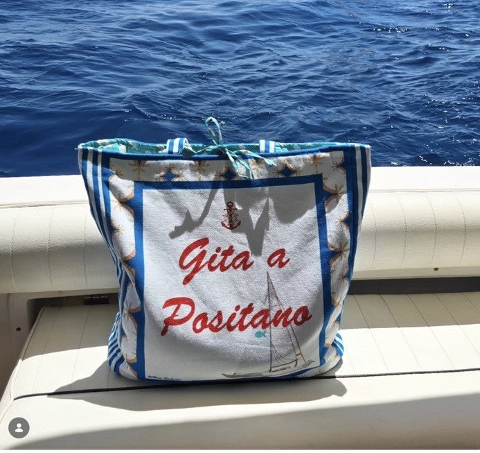 Antica Sartoria Positano tote  Zipper Bag Rectangle NWT Beautiful Blue & White