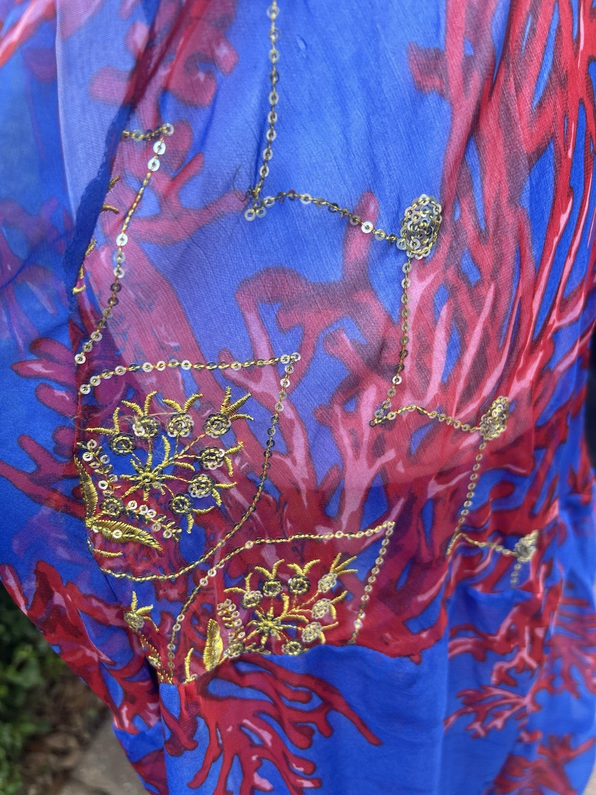 Antica Sartoria Blue And Red Coral & Gold Smocked Top STRAPPY Dress NWT O/S