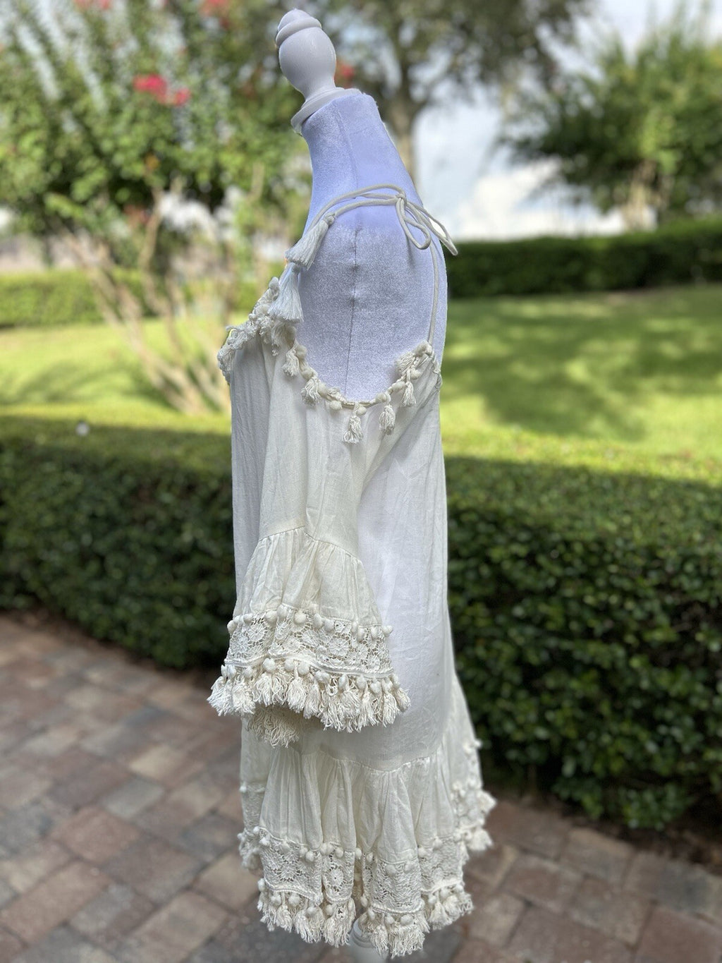 Antica Sartoria Off White Peek A Boo Shoulder Dress  Lace POMPOM