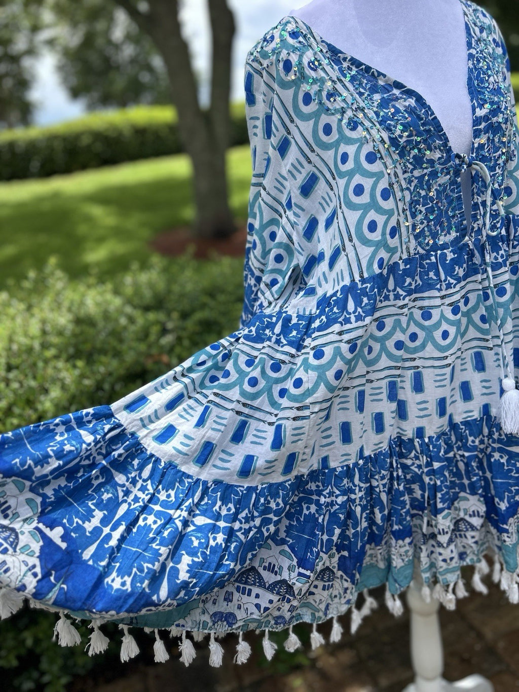 ANTICA SARTORIA 2024 BLUE & WHITE TRULLI HOUSES SHORT DRESS NWT O/S