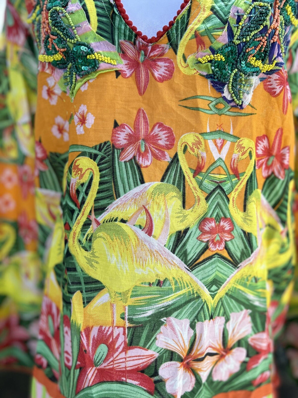 ANTICA SARTORIA YELLOW ORANGE GREEN FLAMINGO SEQUIN SHIRT  COVERUP S/M 🦩💛🧡💚