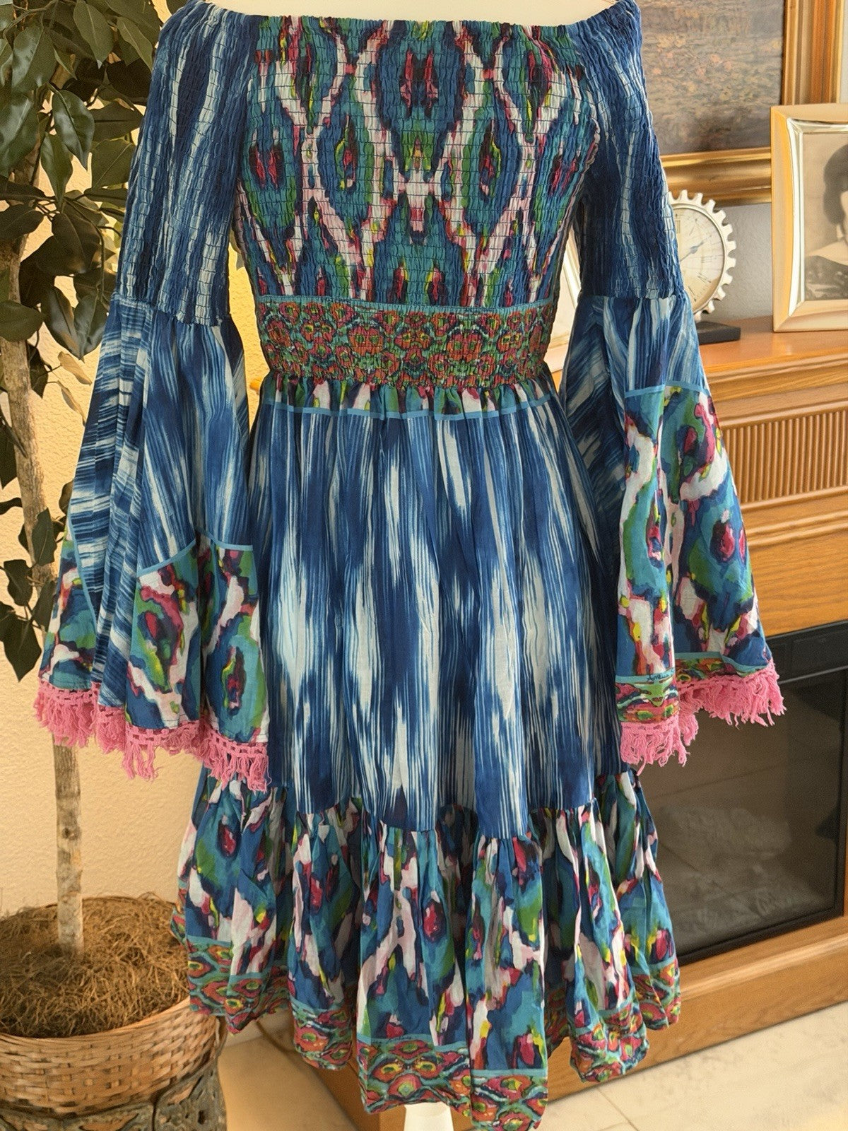Antica Sartoria 2024 Blue White Pink Off Shoulder Smocked Dress NWT O/S
