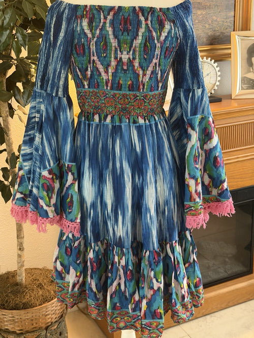 Antica Sartoria 2024 Blue White Pink Off Shoulder Smocked Dress NWT O/S