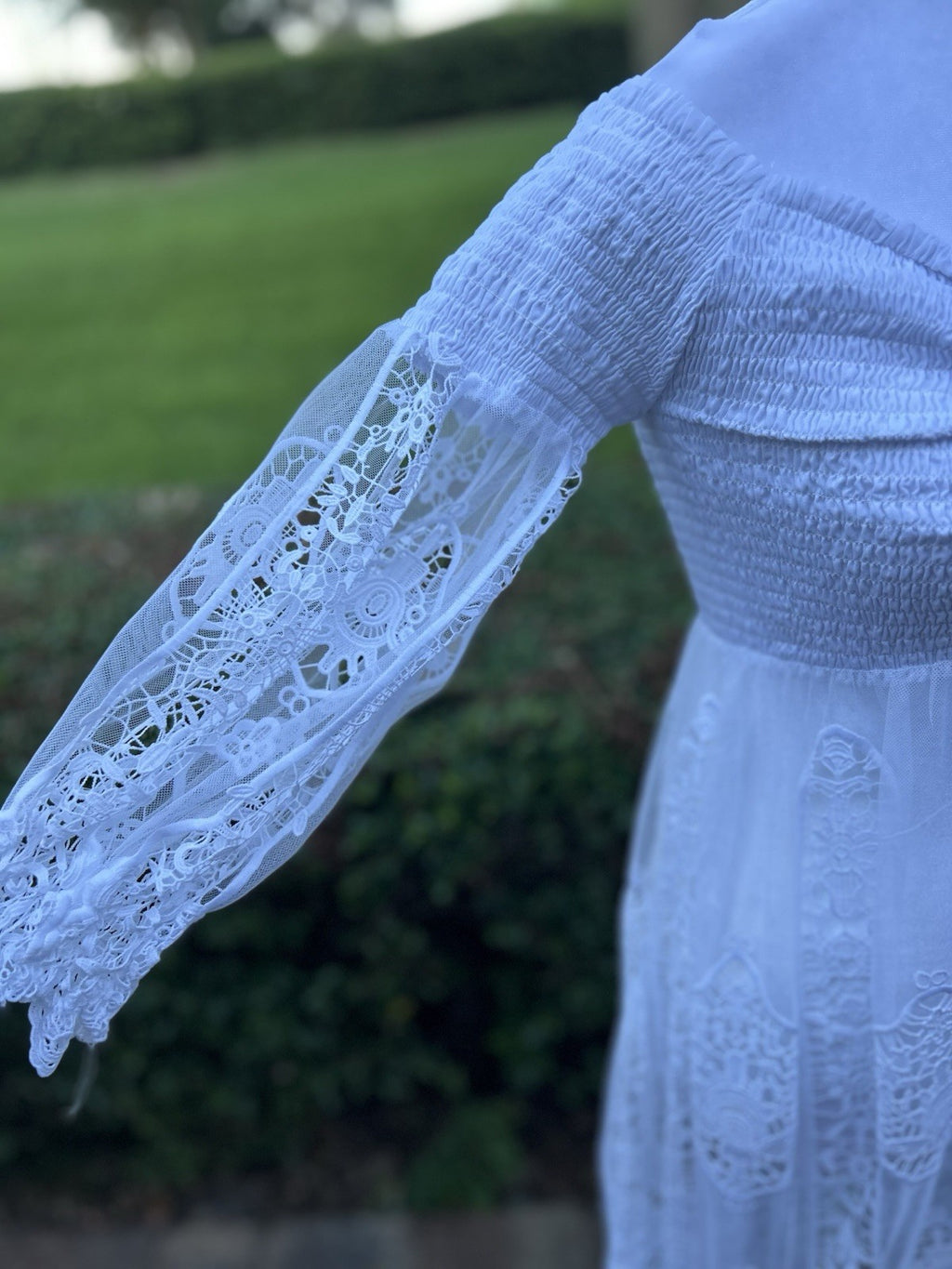 Antica Sartoria White Off Shoulder Long Lace Buttons Dress With Under Skirt