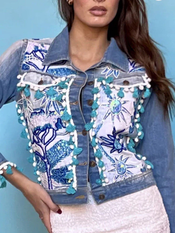 Antica Sartoria Denim Jacket With Sun Beads & Tassels Size Small