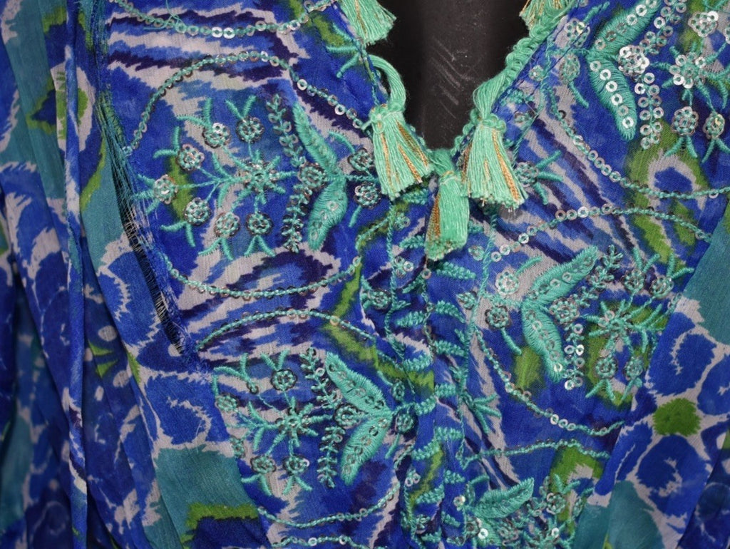 ANTICA SARTORIA  BLUE GREEN PRINT LONG POLYCHIFFON DRESS OS NWT