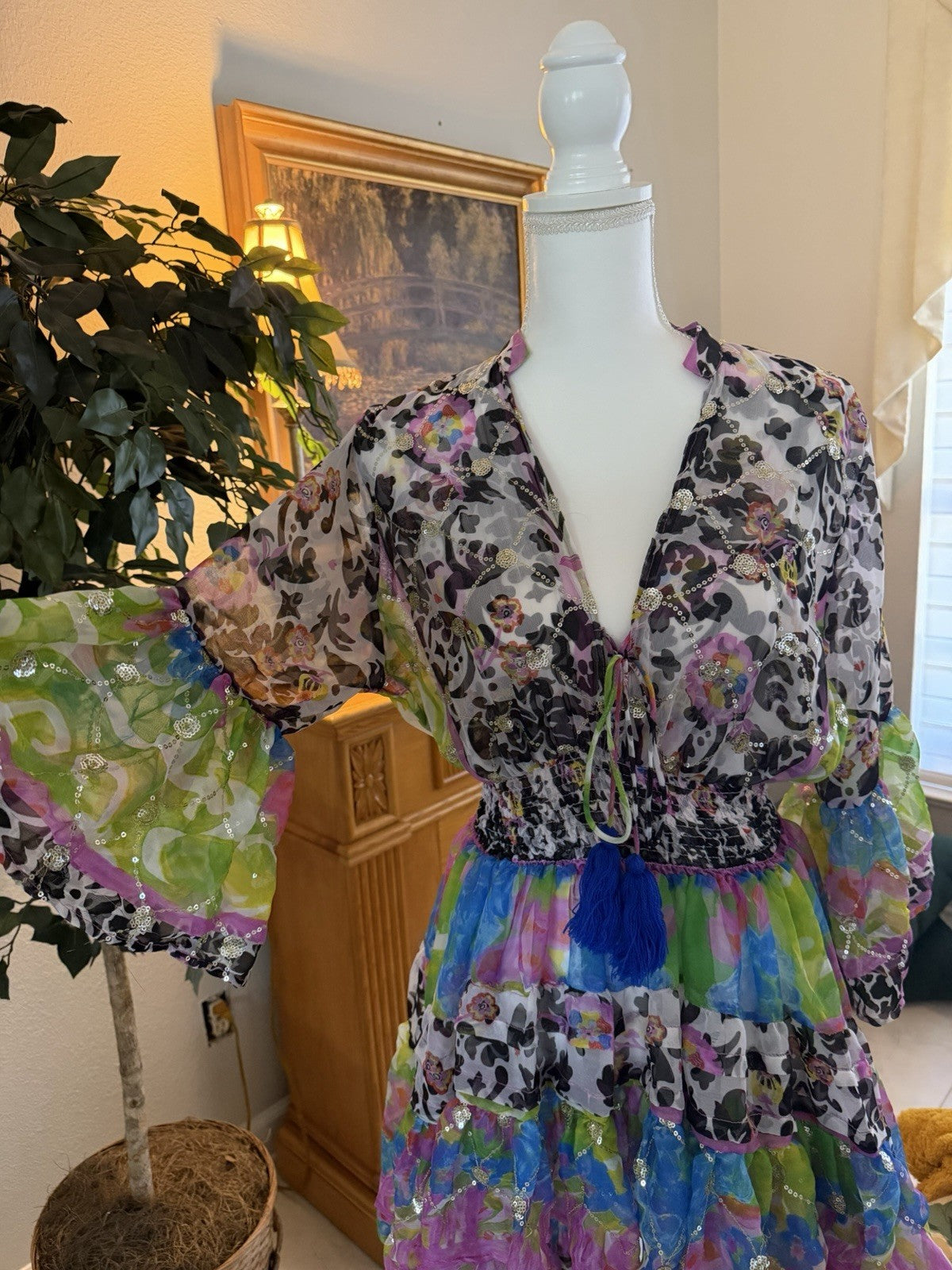 Antica Sartoria Fun Print Green Pink High Low Chiffon Dress O/S