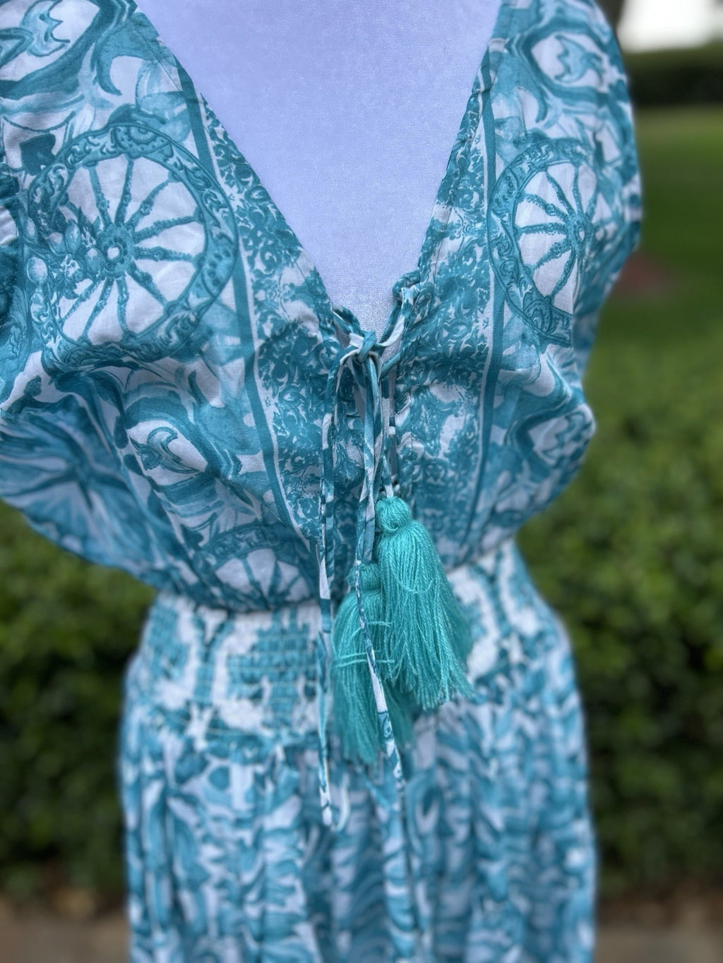 Antica Sartoria 2024 Aqua & White Beautiful Long Dress V-Neck NWT O/S
