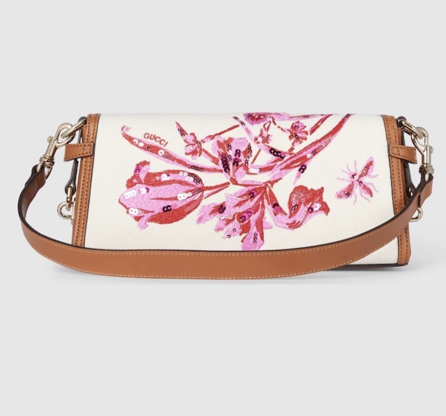 Gucci Luce Small Shoulder Bag In White And Pink Canvas Light Gold Toned NEW
