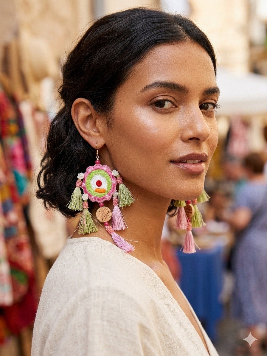 Antica Sartoria Crochet & Tassels Earrings Green Pink  & White Nwt Pierced