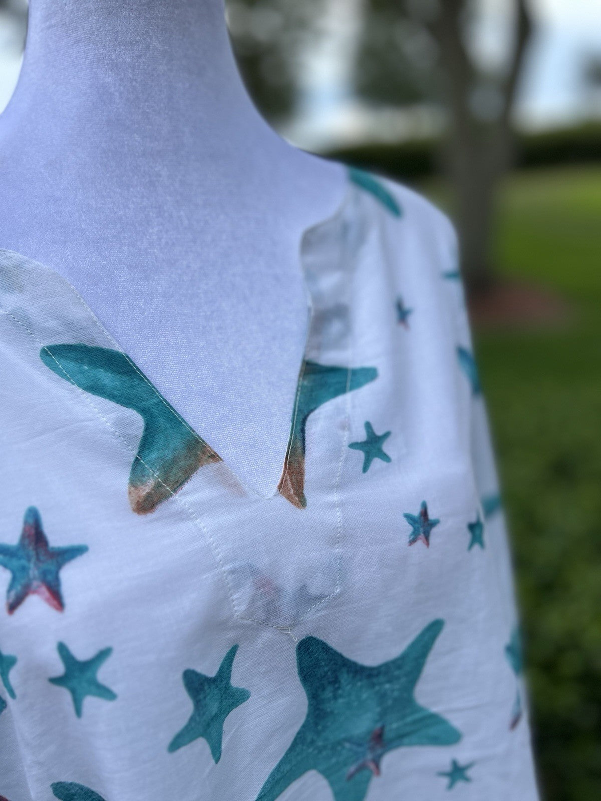 Antica Sartoria 2025 White & Blue Star Fish & Corals Tunic Kaftan Large NWT