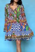 ANTICA SARTORIA BLUE & WHITE FUN ITALIAN PRINT TIE FRONT DRESS NWT O/S